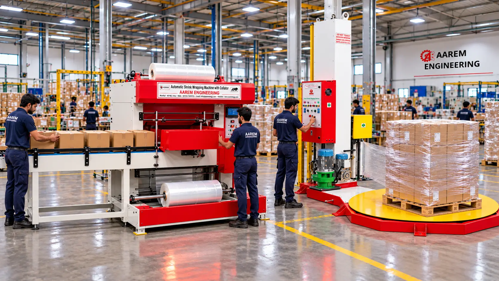 Diverse warehouse packaging workers doing a busy overtime shift assembling and taping cardboard boxes under a Happy Diwali banner in a large Indian fulfillment facility.