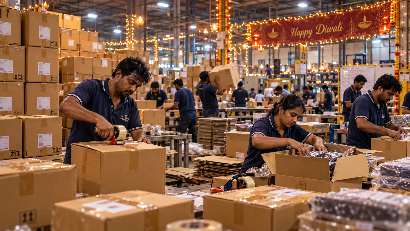 End-of-line packaging automation line featuring an Aarem Engineering automatic shrink wrapping machine with collator and a turntable pallet stretch wrapper bundling cartons in an Indian factory