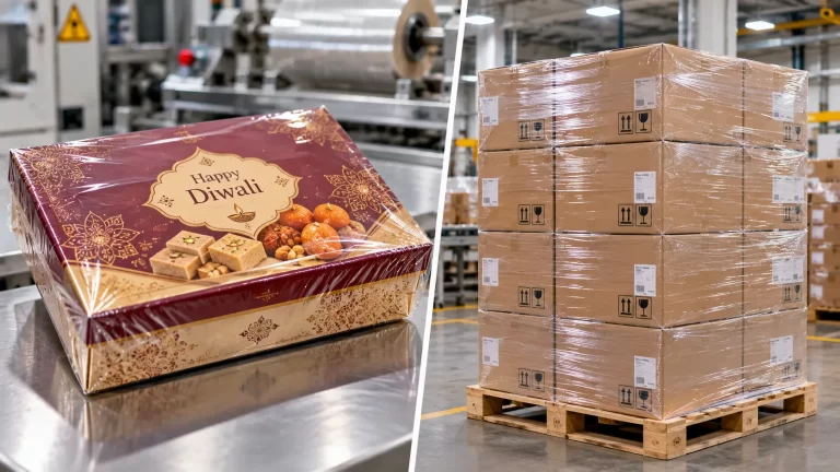 Festival Season Packaging in India using an automated shrink wrapping machine for a premium Diwali gift box next to a pallet stretch wrapping machine bundling master shipping cartons.