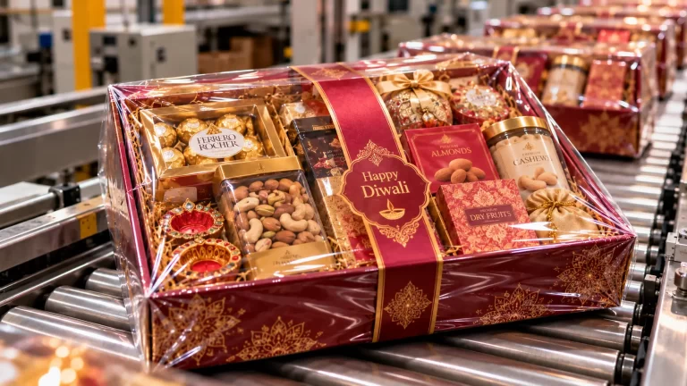 Luxury Happy Diwali gift hamper featuring Ferrero Rocher chocolates, premium dry fruits, cashews, almonds, and traditional diyas, perfectly shrink-wrapped on a factory roller conveyor.